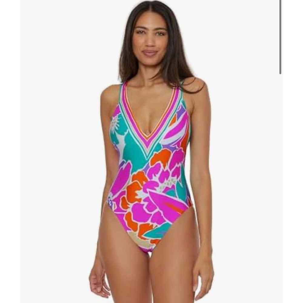 Trina Turk Floral Halter One Piece Swimsuit Multi Color Pink Teal Size 12 NEW